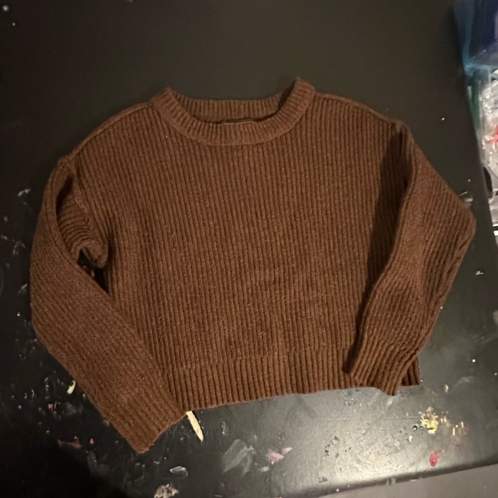 AE Cropped Brown Ribbed Sweater